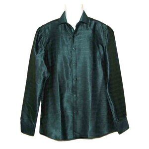 NEW Barry Wang Silk Blend Shirt Green Wavy Lines Pattern Men's Size Slim Medium
